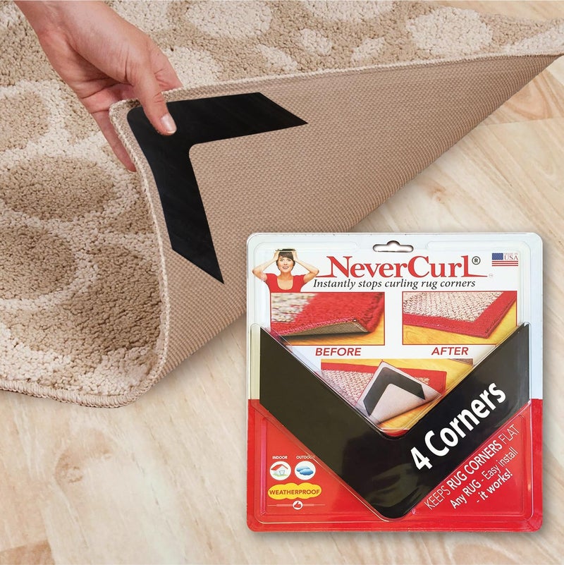iPrimio NeverCurl 4-Pack V Shape Rug Corner Grippers - Rug Gripper for Hardwood Floors and Outdoor Surfaces - Stops Curling Corners - Safe Carpet Tape Alternative - Works on Rug Corners Indoors - Image 1